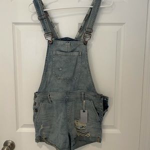 Forever 21 Blue Denim Distressed Overall Shorts/Coveralls
